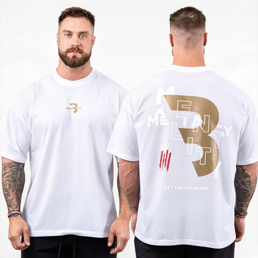 3D Mentality Gym T-Shirt Men Oversized Double Sided Graphic Tee SET THE STANDARD Back Print Gym Bodybuilding Workout Casual Tops
