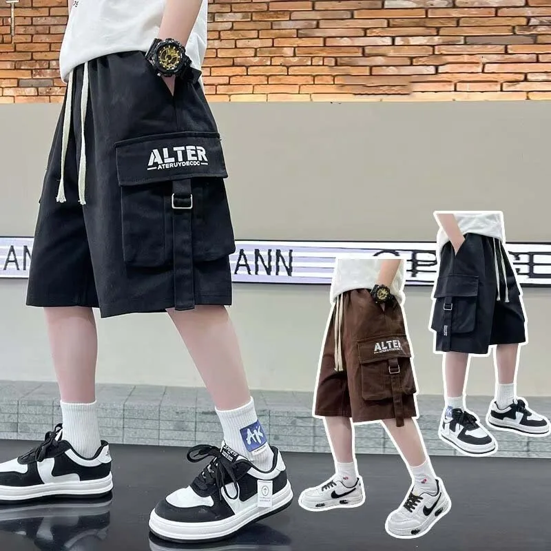 UNITIM Summer Kids Boys Suspender Shorts Children Boys Loose Big Pockets Shorts Thin Sticker 4-14Yrs Junior Boys Shorts Overalls