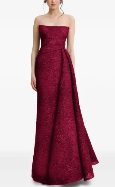 

Burgundy Strapless Jacquard Evening Gown Side Draped A-Line Floor Length Formal Wedding Guest Maxi Dress