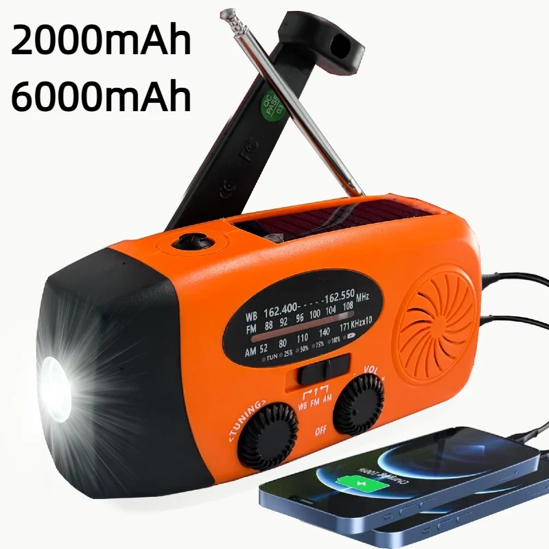 Portable 2000mAh/6000mAh Hand Crank Emergency Solar Panel SOS Weather Radio, Self-Powered 7 NOAA Channels Emergency Radio