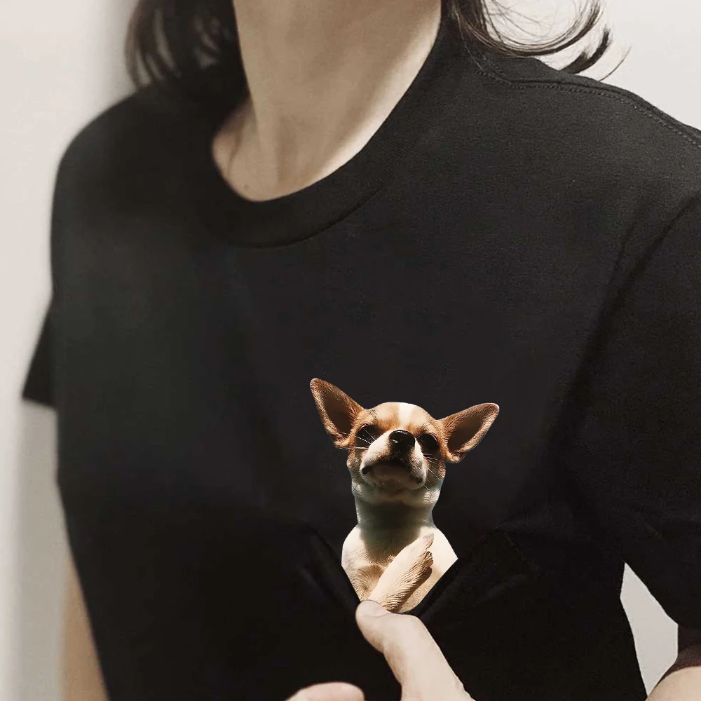 CLOOCL Chihuahua Cotton T-Shirts Animal Dogs Double Middle Finger Printed Pocket T-shirt Women Clothing Short Sleeve Tees