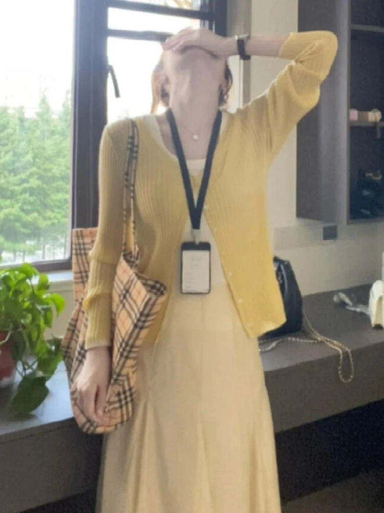 

Yellow Knitted Open Cardigan Women's Spring Autumn Design Sense Dr Outer Air Conditioning irt Sweet Sle Long Sve