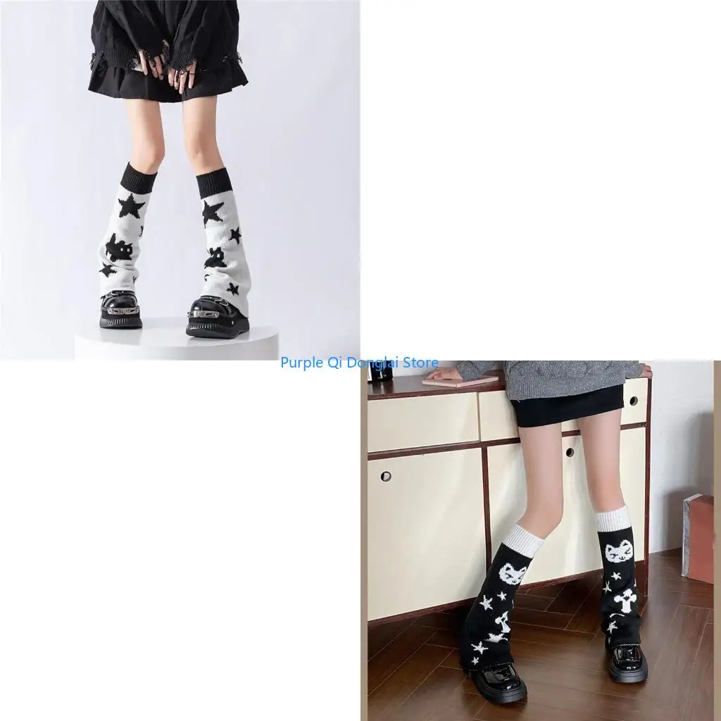 L21E Women's Long Tube Leg Warmers Reversible Cats Pattern Knit Boot Covers Stockings