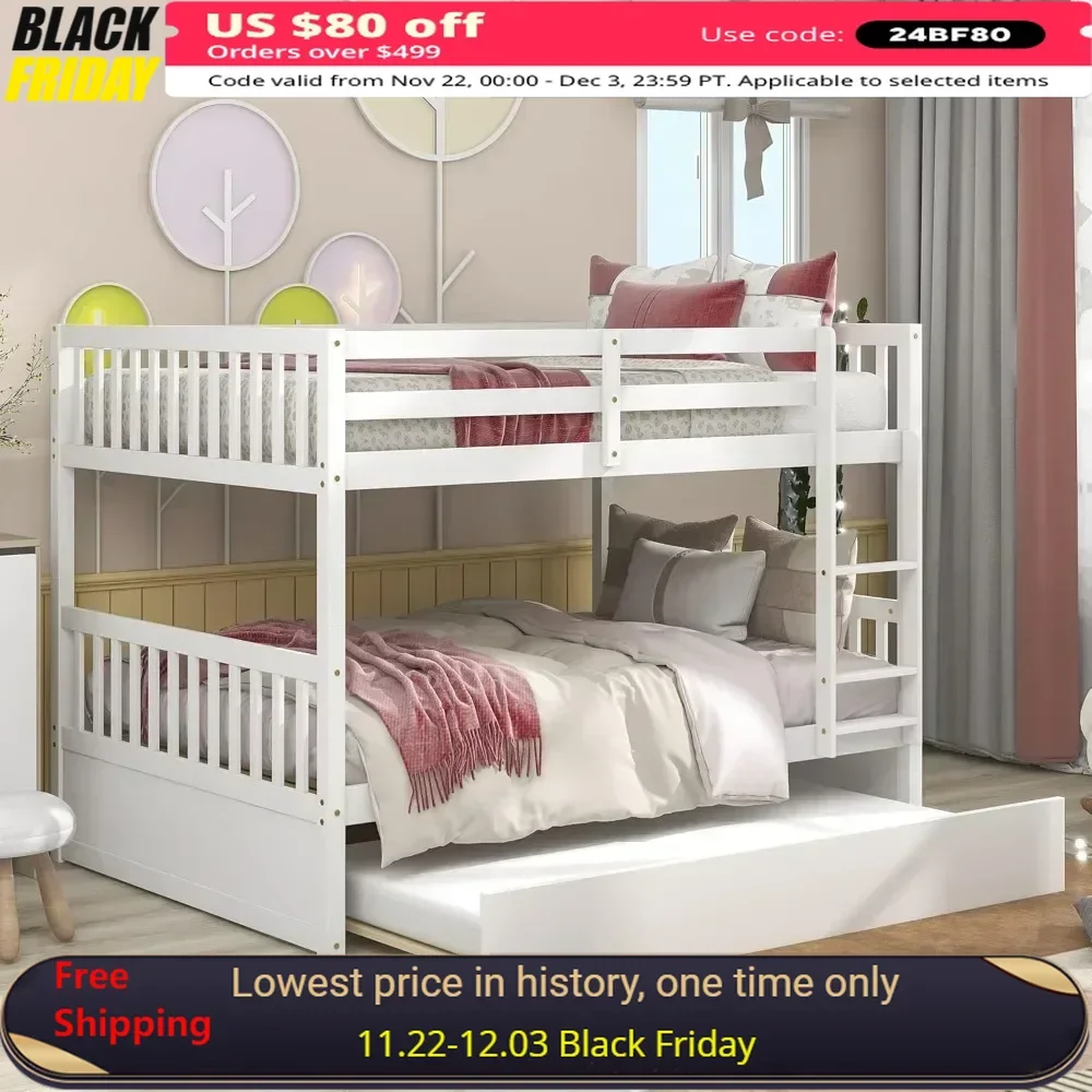 Bunk Bed, Convertible To 2 Full Size Platform Beds, with Twin Size Trundle Bed Frame and Safety Guard Rail,Solid Wood Bunk Beds