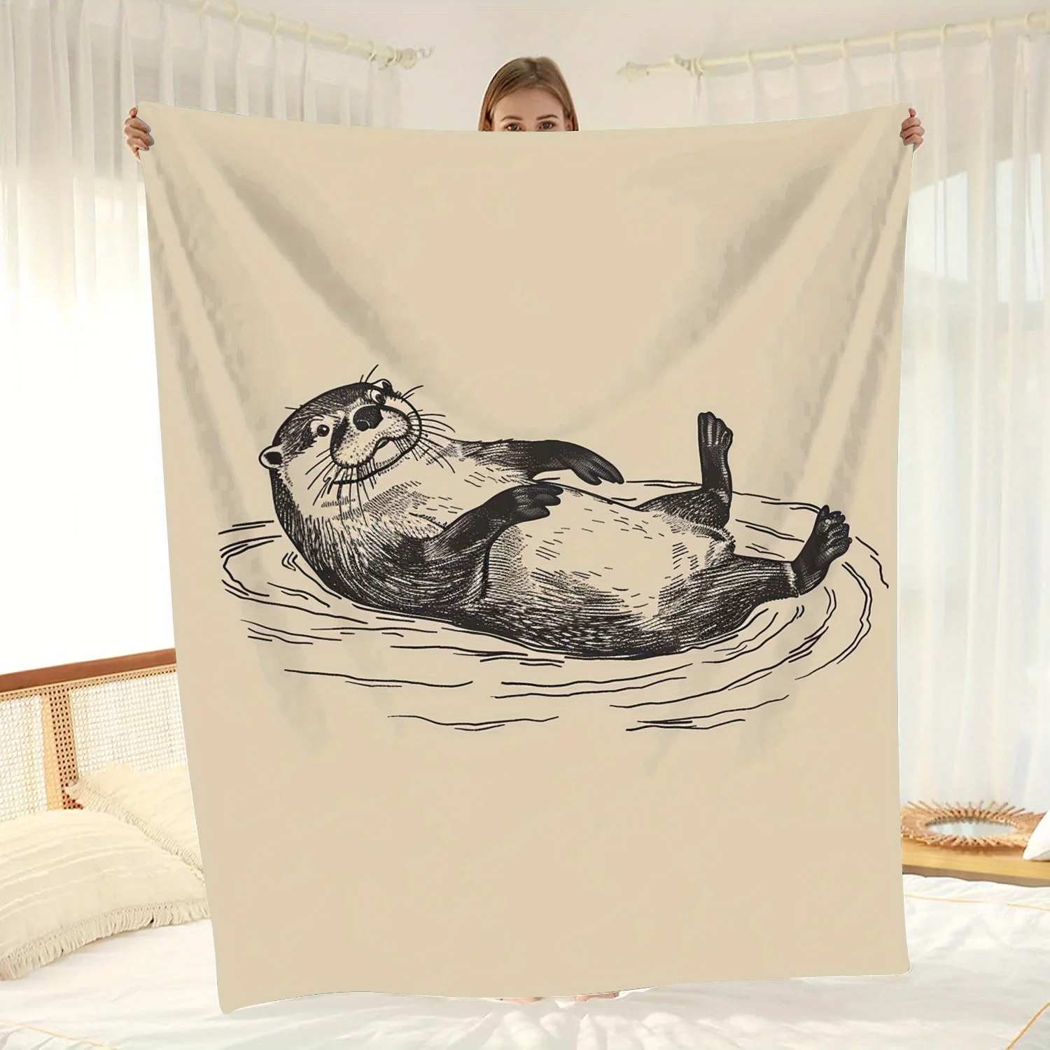 Cozy Otter Animal Print Throw Blanket for Couch Bed Decor Minimalist Wildlife Drawing Nursery Gift