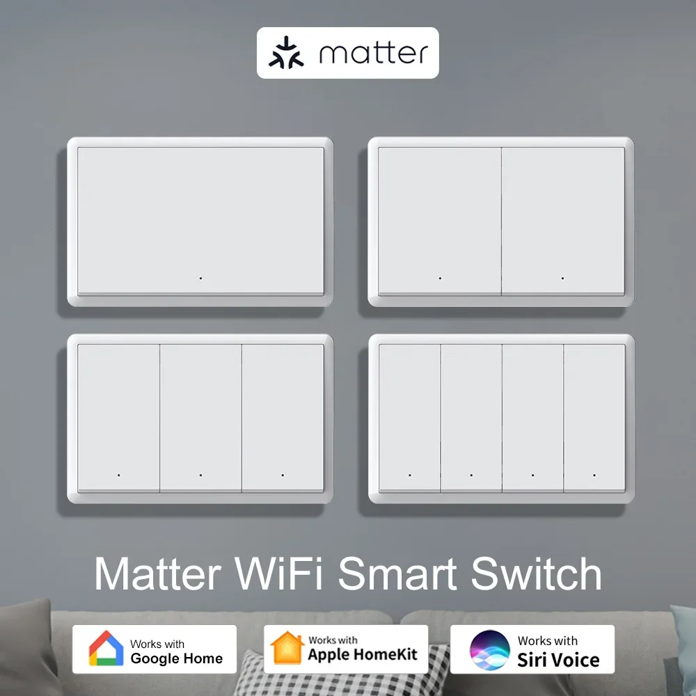 

Умный настенный выключатель Matter WiFi 1, 2, 3, 4, клюсы с нейтральным проводом, физические выключатели света, работающие с приложением Homekit