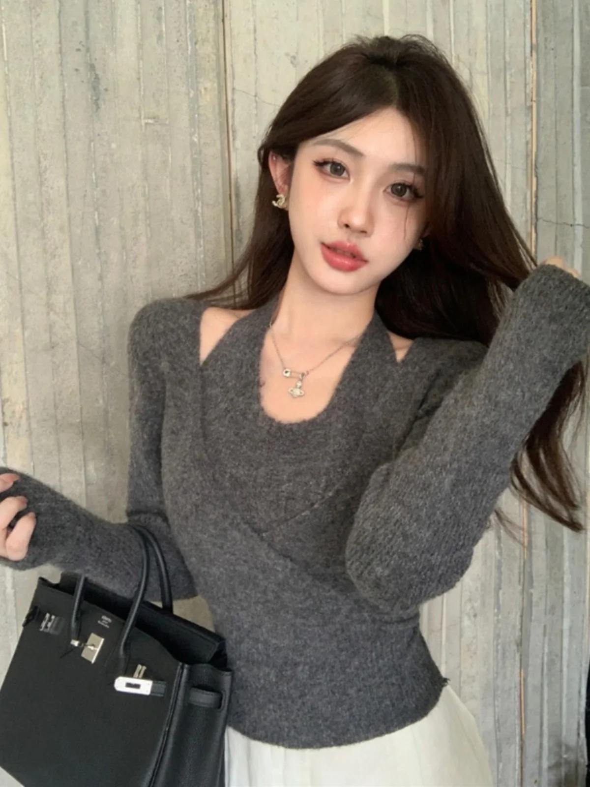 

Корейский облегающий вязаный свитер Ne с подвесным поясом, однотонный, мягкий, уютный, V-Ne ort Sve, женская мода, весна-осень