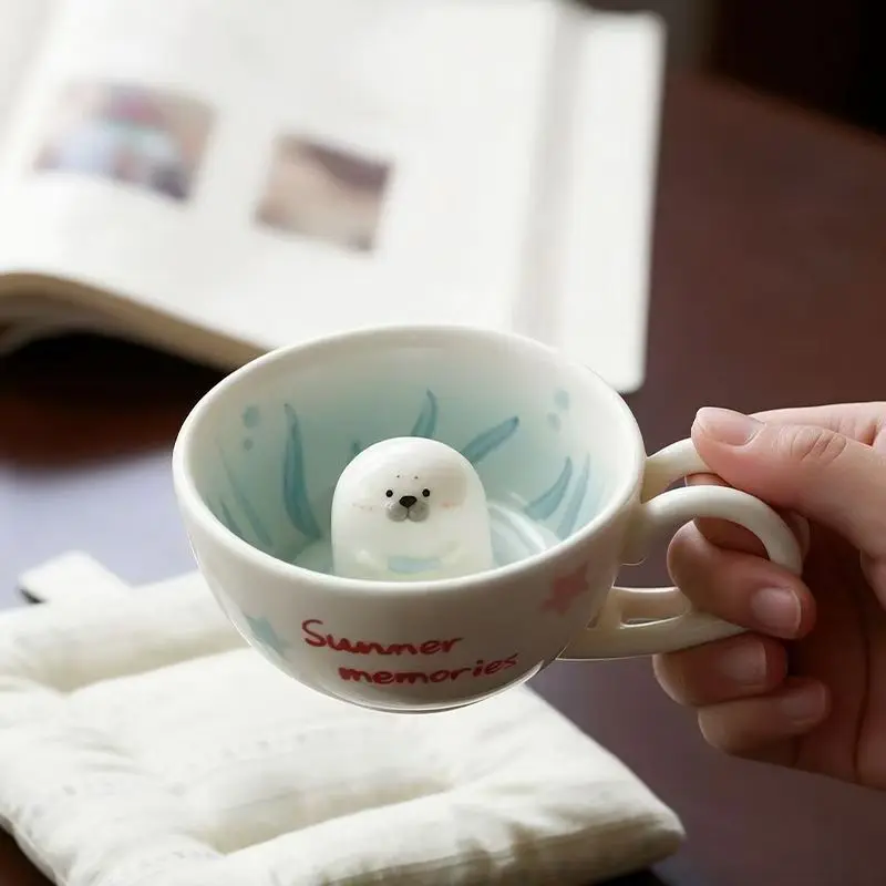 Unique 3D Sea Lion Ceramic Coffee Mug 250ml Cute Animal Figurine Inside Tea Cup Creative Porcelain Cup Home Tabletop Decoration