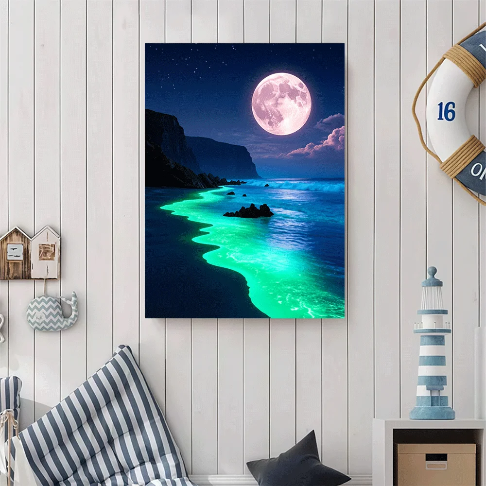 1PC-Canvas poster Unframed  Moonlit Beach Night Ocean Glow Landscape Art Print  summer