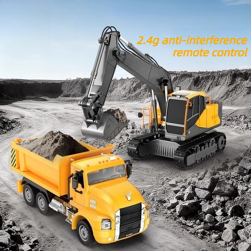1/20 RC Excavator and 1/26 Dump Truck Two-Player Competitive Simulation with Sound Effects and LED Lights Remote Control Toy