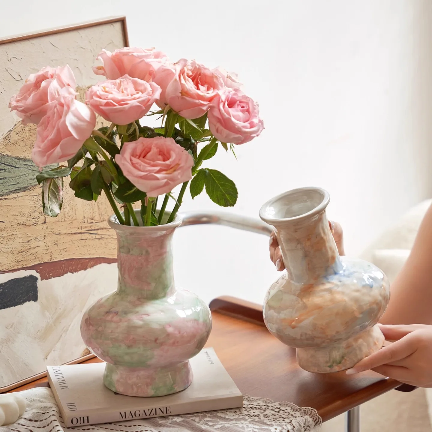 

Handmade painted oil painting style ceramic vase French creative water nourishing flower arrangement living room dining table de