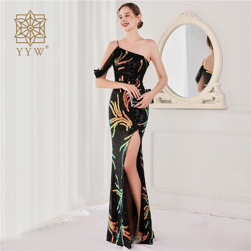 

Asymmetric Neck Long Evening Dress Sequins High Slit Mermaid Ankle Length Robes De Cocktail For Women Long Luxury Party Dresses