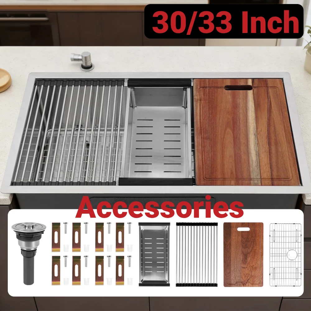 

Undermount Kitchen Sink 304 Stainless Steel w/ Extended Ledge Multifunction Cutting Board 30/33 Inch w/ Accessories Washing Sink