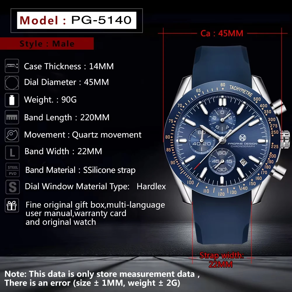 PAGRNE DESIGN Sports Men Quartz Watch 45mm Brand Waterproof Alloy Automatic Timekeeping Fashion Simple Wrist Clock Reloj Hombre