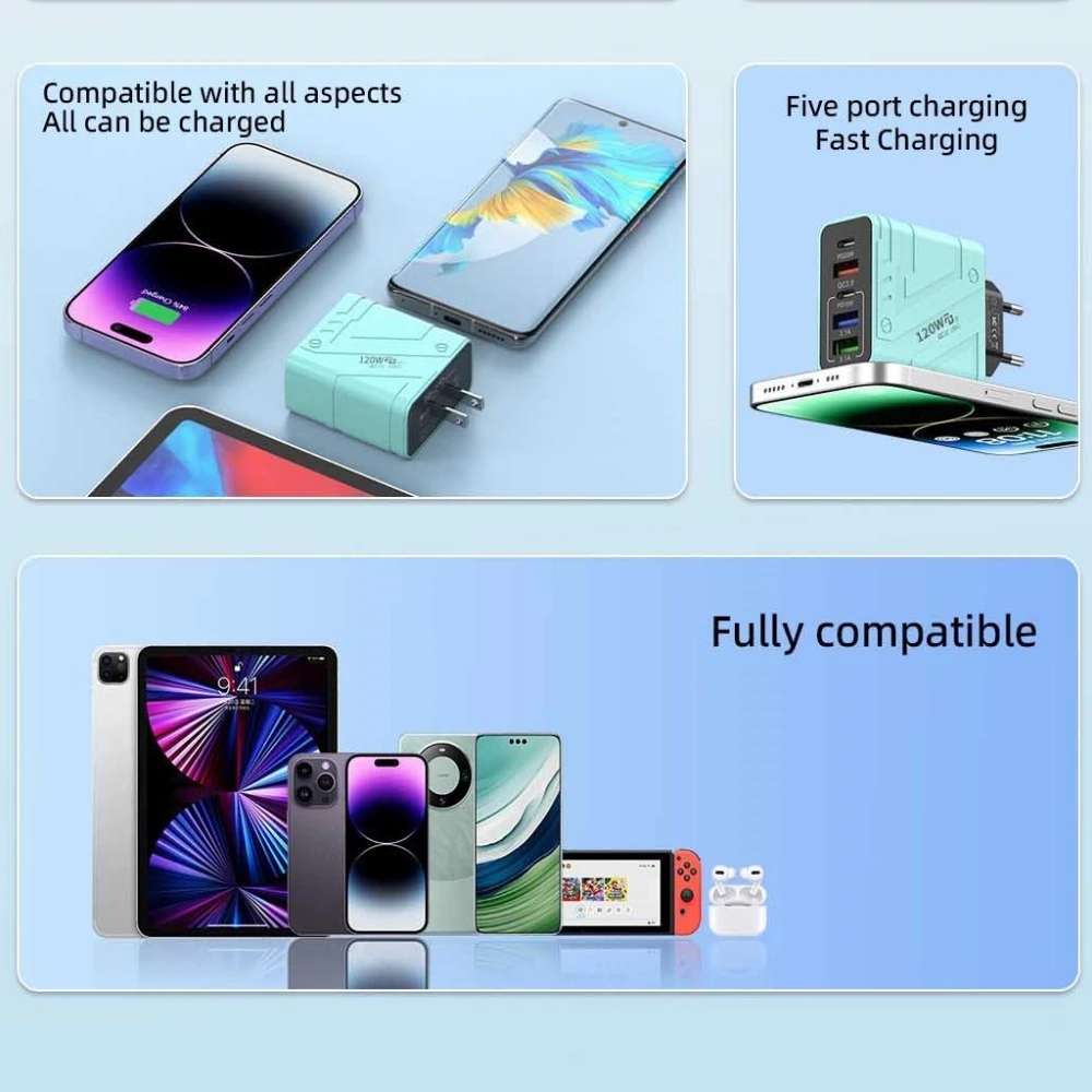 120W USB Charger PD Type C 5 Ports Fast Charging Mobile Phone Charge Adapter For iPhone Samsung Xiaomi Huawei QC3.0 Wall Charger