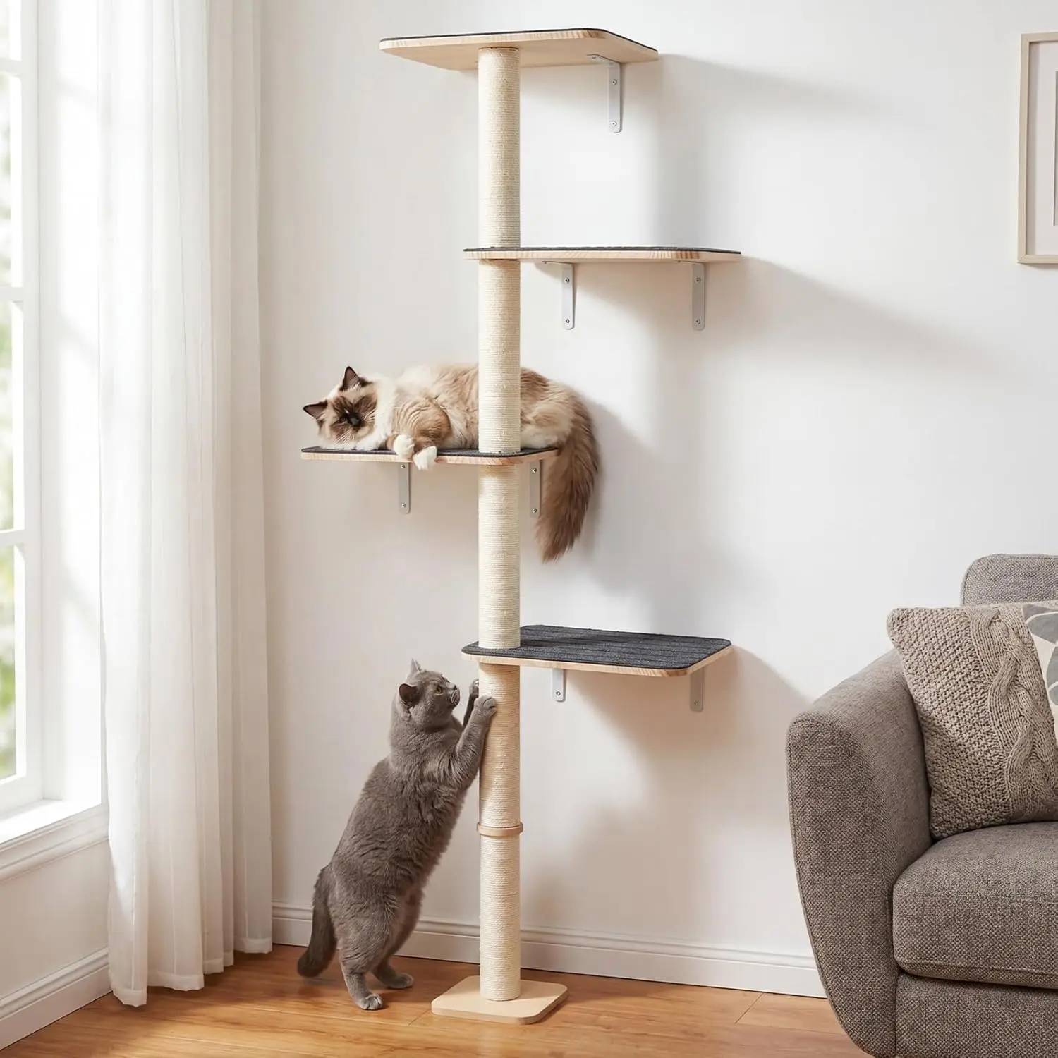 

Настенная полка-когтеточка для крупных кошек, 66 дюймов в высоту, с большими площадками для отдыха и нескользящим ковриком, настенная полка для кошек