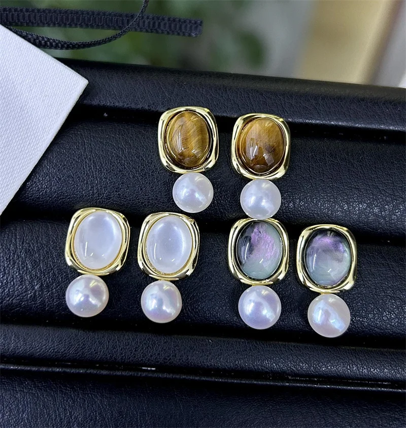 

New Products Statement Nature Stone Tiger-eye Earrings Natural Freshwater Pearls 925 Sterling Silver Stud Earrings for Women