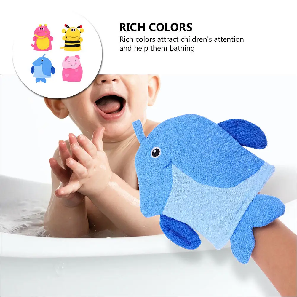 4Pcs Kids Bath Gloves Cartoon Animals Shape Soft Delicate Exfoliating Bath Scrubber for Children Gentle on Sensitive Skin