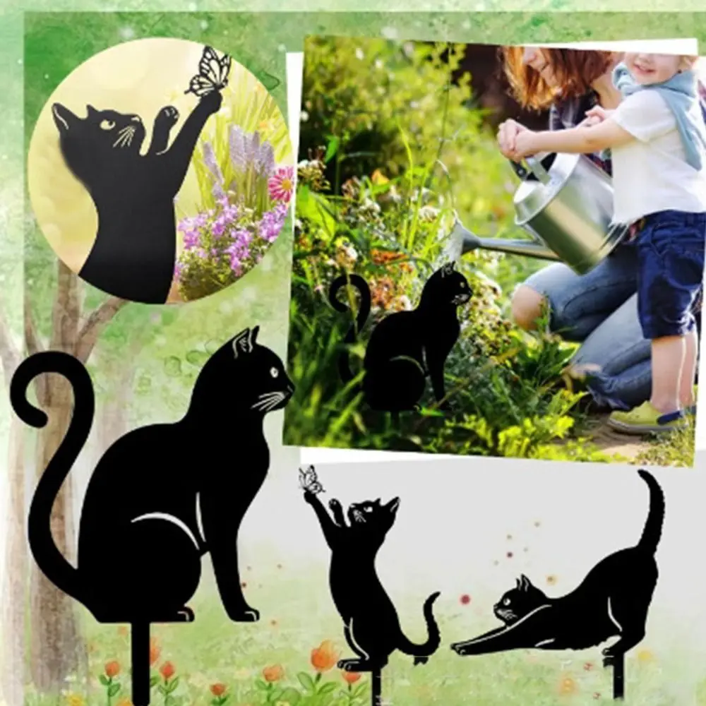 Iron Art Black Cat Garden Statue Silhouette Sculpture Outdoor Garden Decoration Waterproof Weatherproof Cat Figurine Yard Art