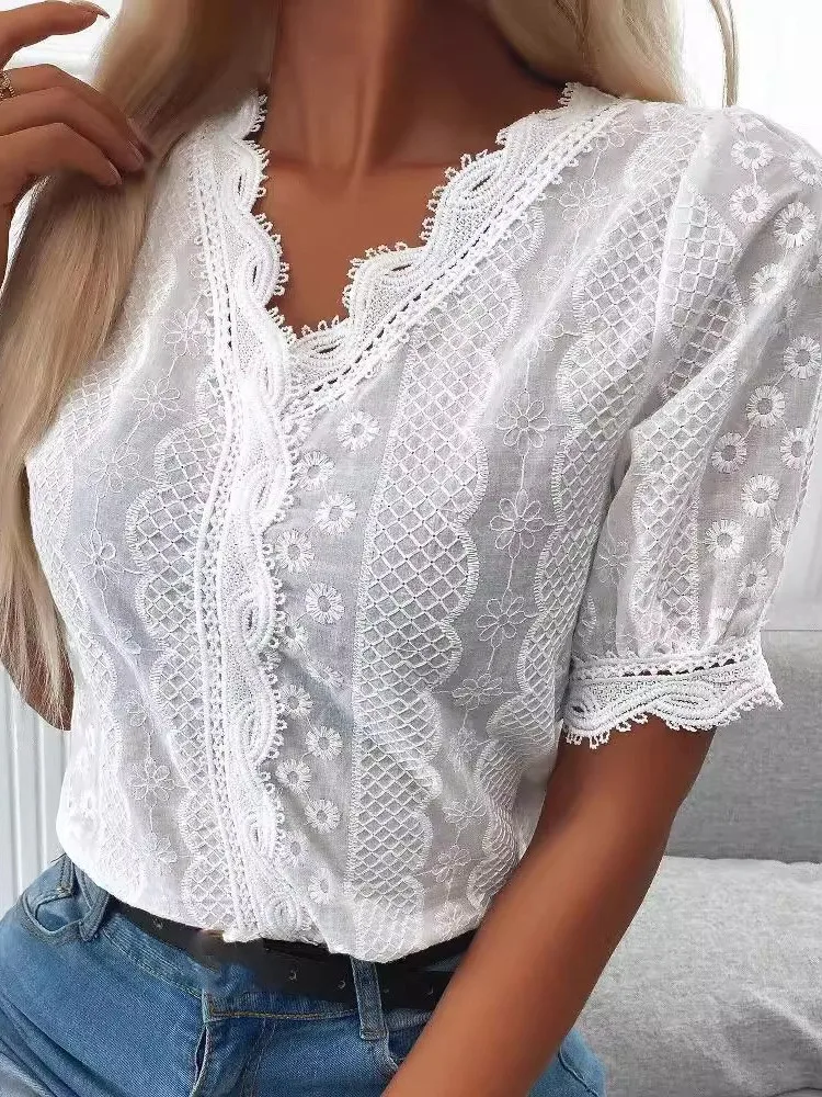 

Lady Solid Lace Shirt Fashion White Short Sleeve V Neck Pullover Shirts Tops For Women Casual Holiday Womens Clothing Summer New