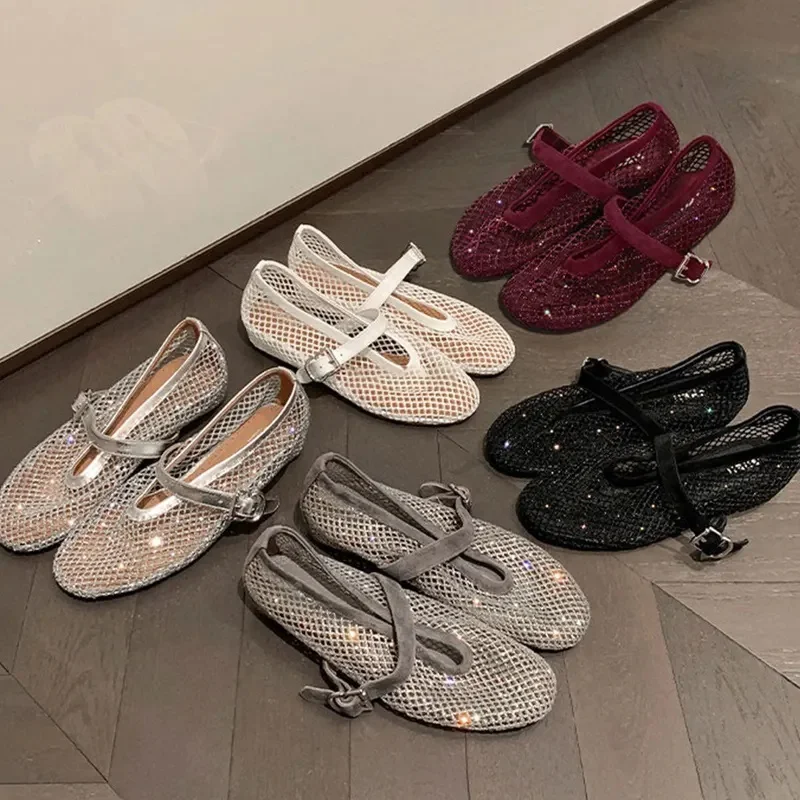 Bring Shoe Box Ballet Shoes~Inner Height Boosting Diamond Mesh Flat Bottom Mary Jane Shoes Women's Breathable Sandals