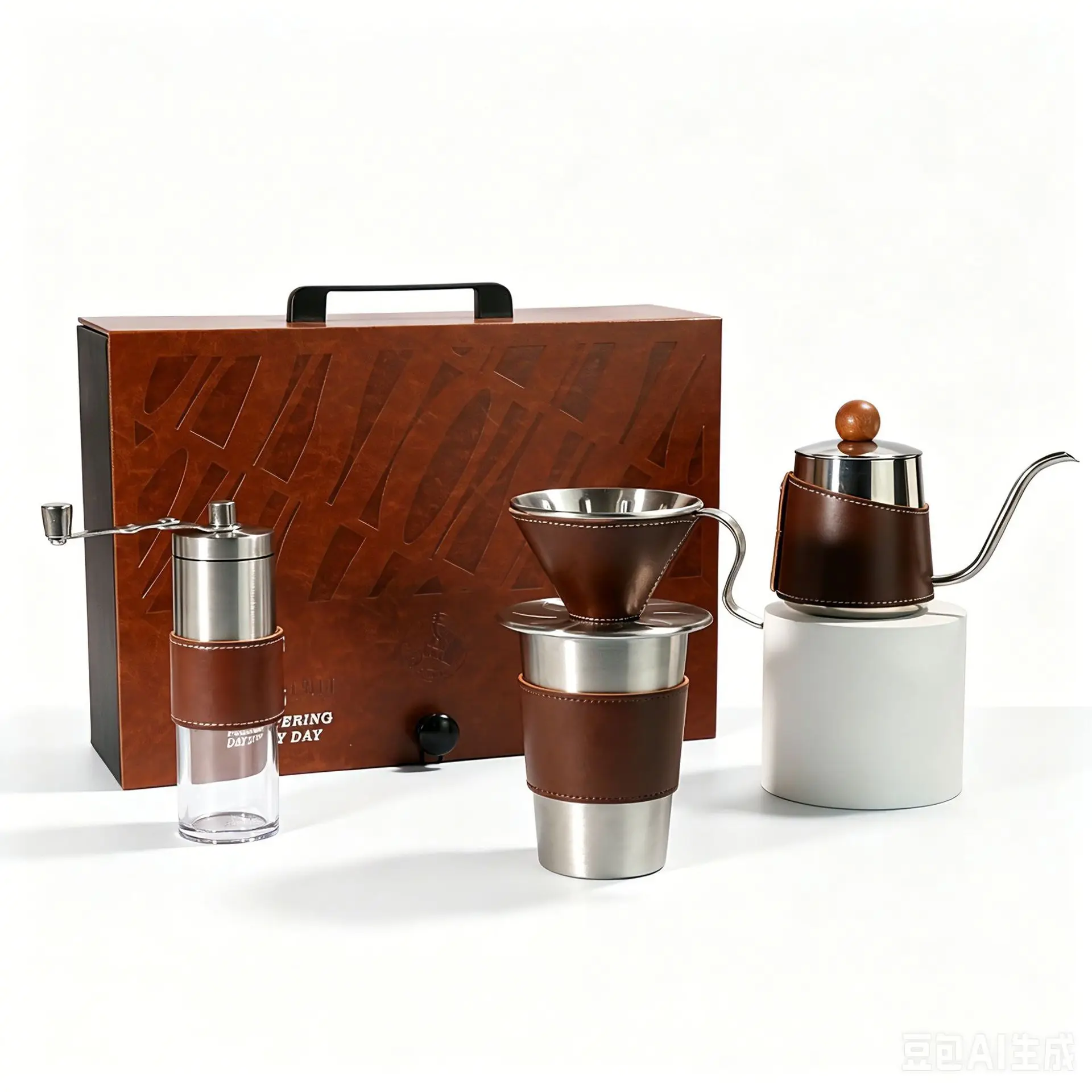 Coffee cup set with high-end feel, hand brewed coffee pot leather gift box, and a manual coffee grinder for customers as a gift