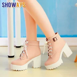 Vintage Platform Ankle Boots Women High Block Heel Pink White Casual Party Office Lady Fashion Autumn Lace Up Buckle Short Boots