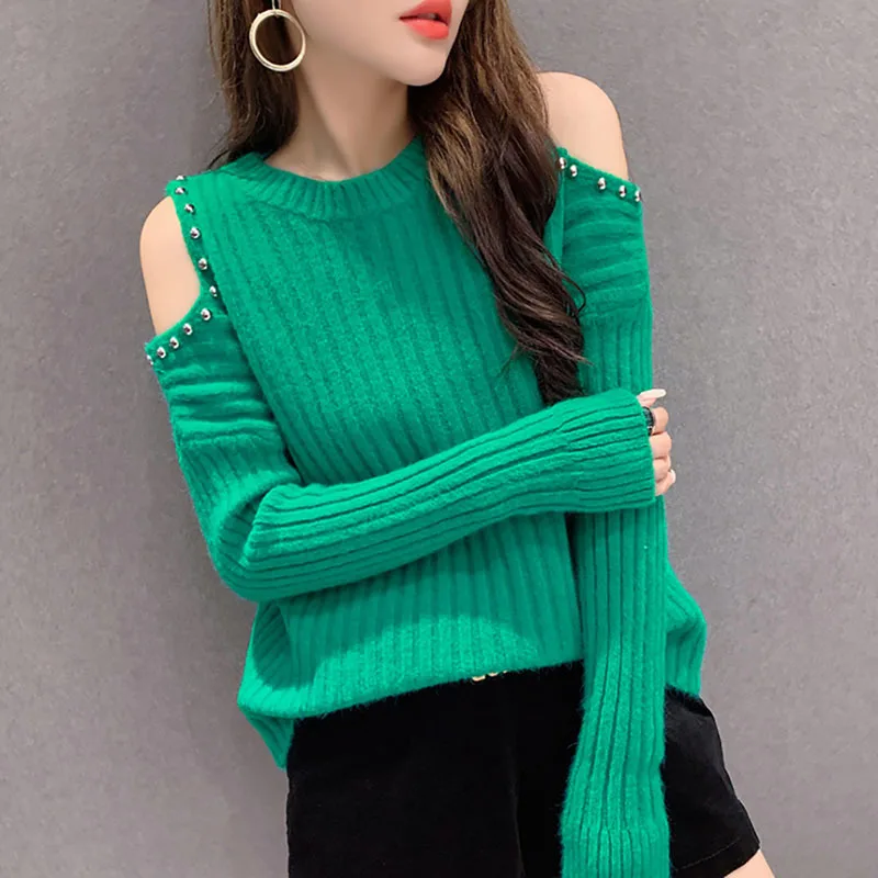 

2022 Autumn New Women Knitted Sweaters Female Heavy industry beads Pullover Tops Solid Loose Elegant Office Lady Off Shoulder