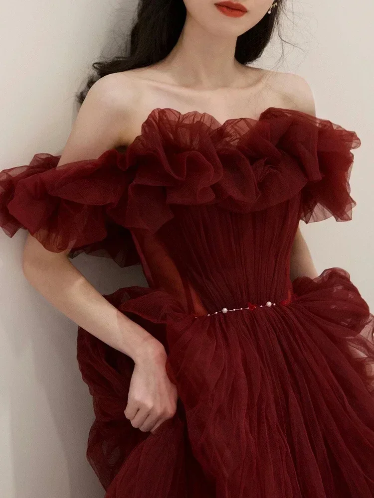 Customized Customized A Word Shoulder Fairy Red Boat Neck Evening Dresses Elegant Slim Waist Long Temperament Prom Robe Niche We