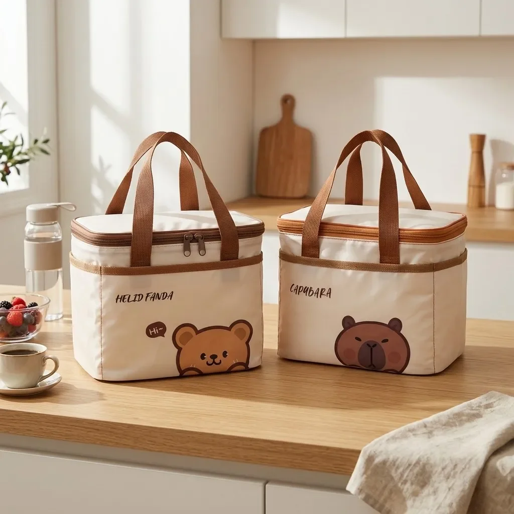 Kawaii Capybara Bear Thermal Lunch Bag Insulated Bento Box Cooler Bag Food Container for Women Kids School Work Meal Prep