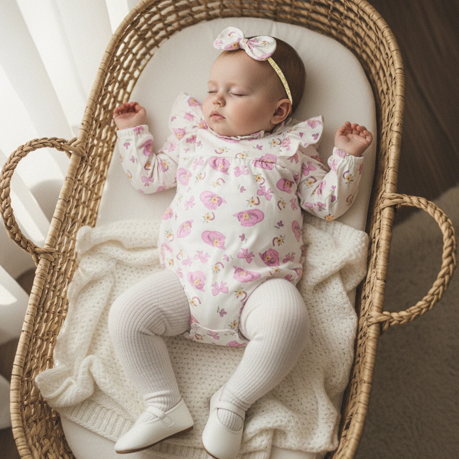 Cute Newborn Baby Girl Romper Outfit, Ruffled Long Sleeve Crew Neck Bow Print Romper with Hairband Spring Fall Clothes