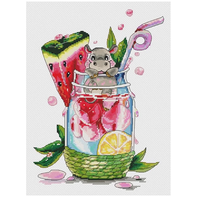 

Hippo and Watermelon Beverage Patterns Counted Cross Stitch 11CT 14CT 16CT 18CT DIY Cross Stitch Kits Embroidery Needlework Sets