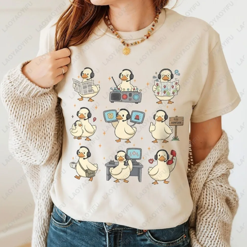 

Dispatcher Duck Graphic T-Shirt Women Vintage Washed Casual Crew Neck Short Sleeve Cotton Top Funny Emergency Dispatch Tee