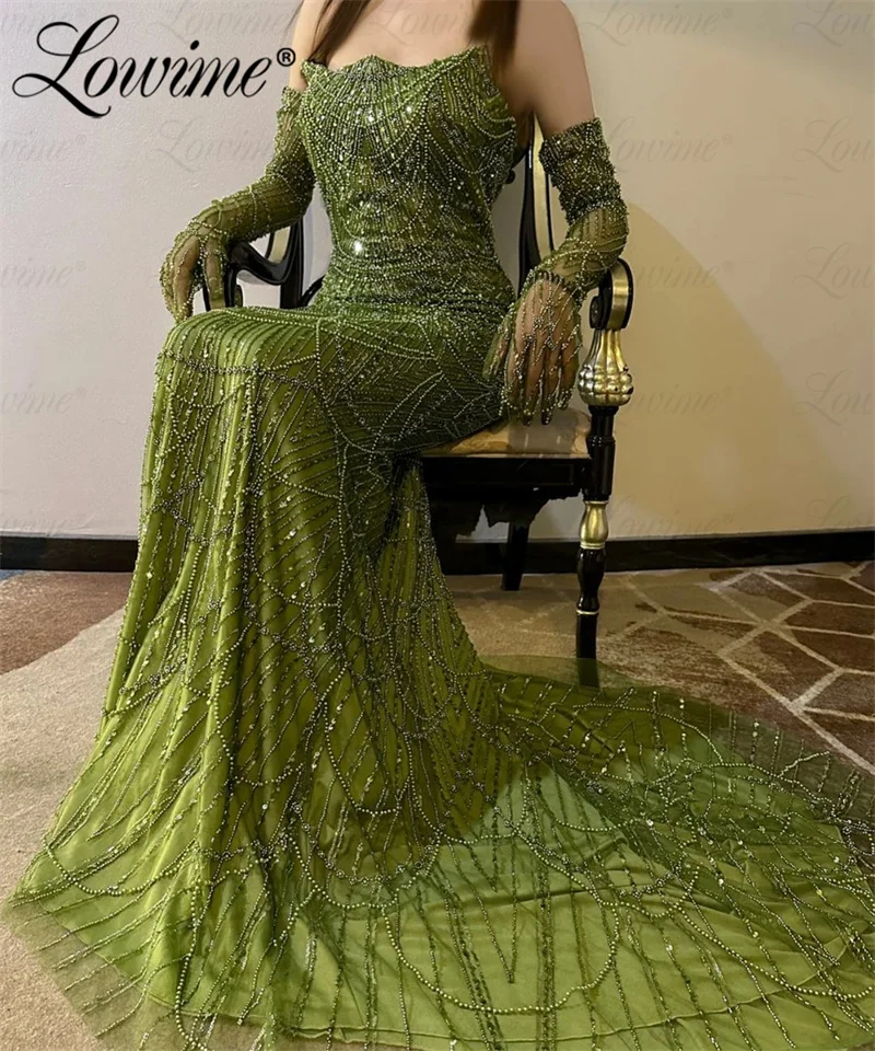 Heavy Beads Green Party Dress Wedding Engagement Gowns With Gloves Aso Ebi Strapless Formal Party Second Reception Evening Dress