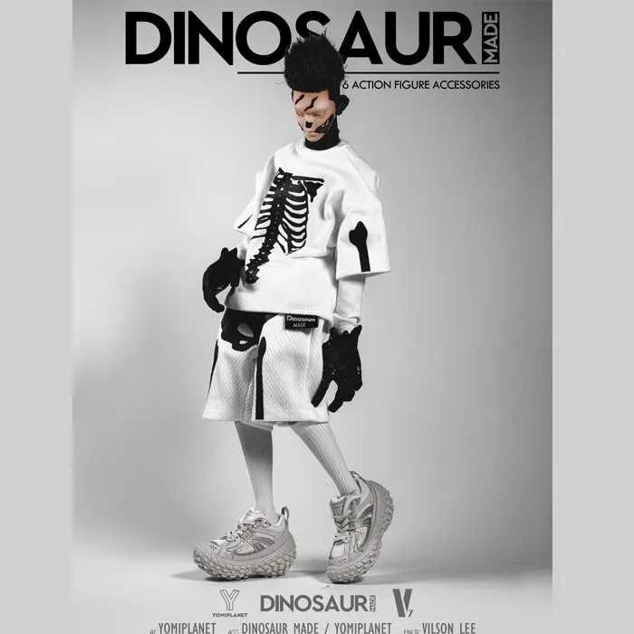 Dinosaur 1/6 Scale Collection Trend Doll White Skull T-Shirt Pants Set Clothes Model Toy fit 12