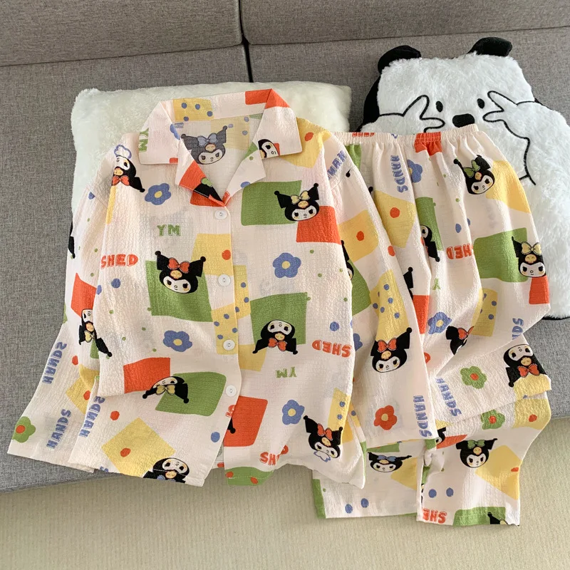 

2Pcs Set Kuromi Pajamas Bubble Cotton Home Clothes Set Summer Cardigan Cartoon Children's Pajamas Top Pants Spring and Autumn