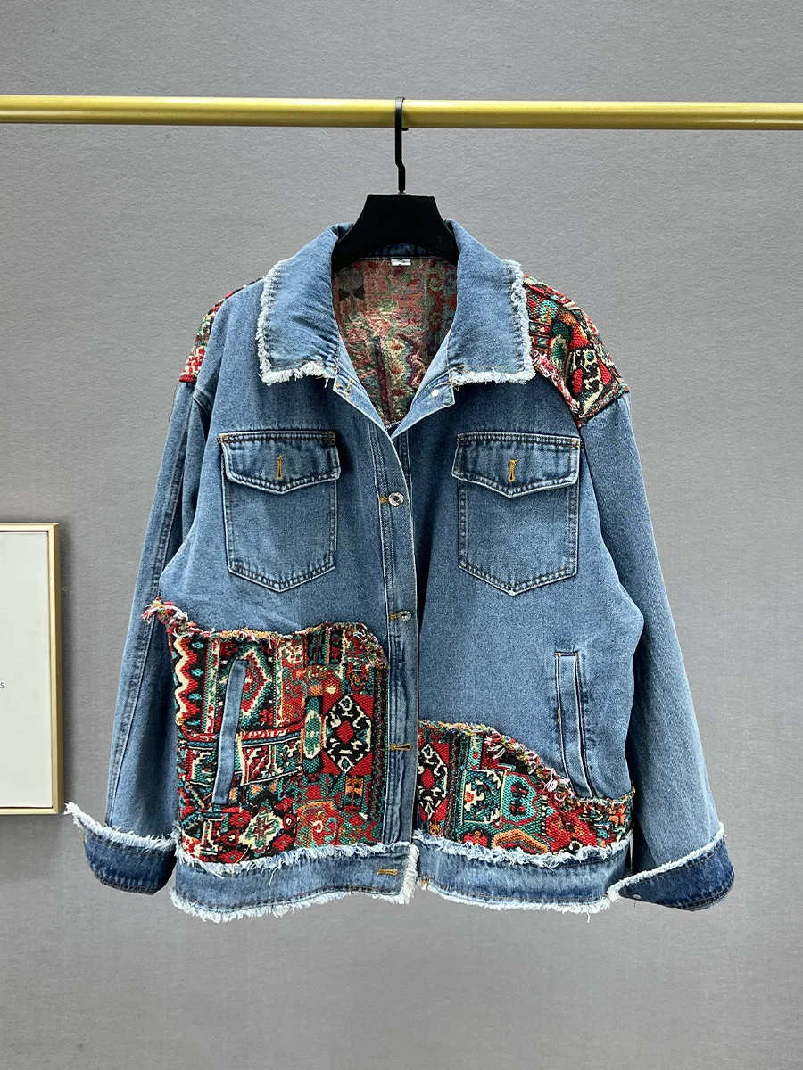 

Женская джинсовая куртка с вышивкой, модная новинка 2024 года, весенняя, свободного кроя, визуально стройнящая, в этническом стиле, с длинными рукавами, из смесового хлопка и полиэстера