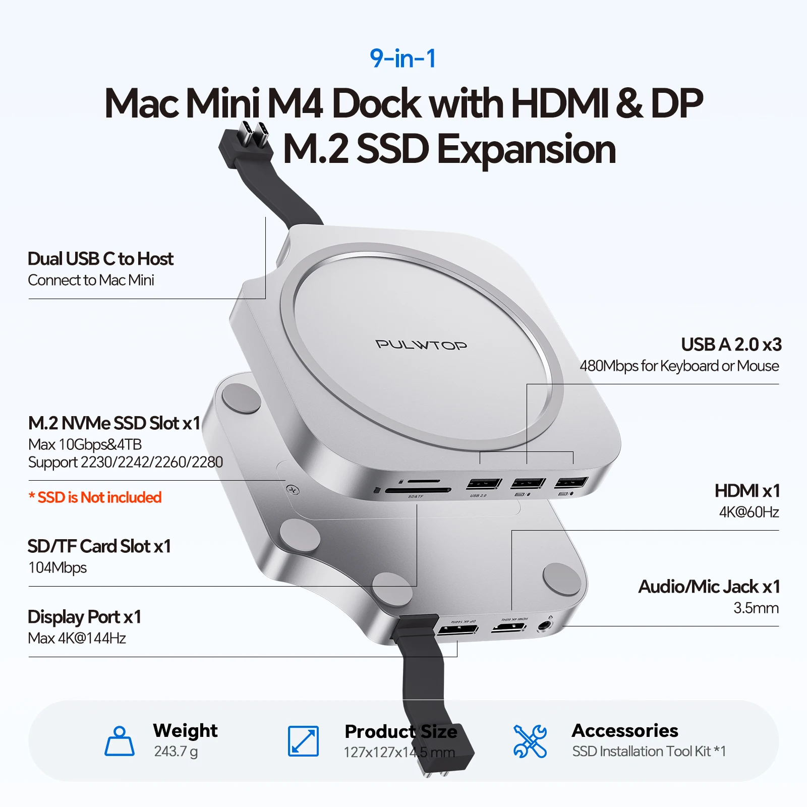 PULWTOP Mac Mini M4 Dock with 4TB NVMe SSD Enclosure (SSD NOT Included), DP 4K 144Hz & HDMI 4K 60Hz, USB A 2.0, SD/TF ,Audio