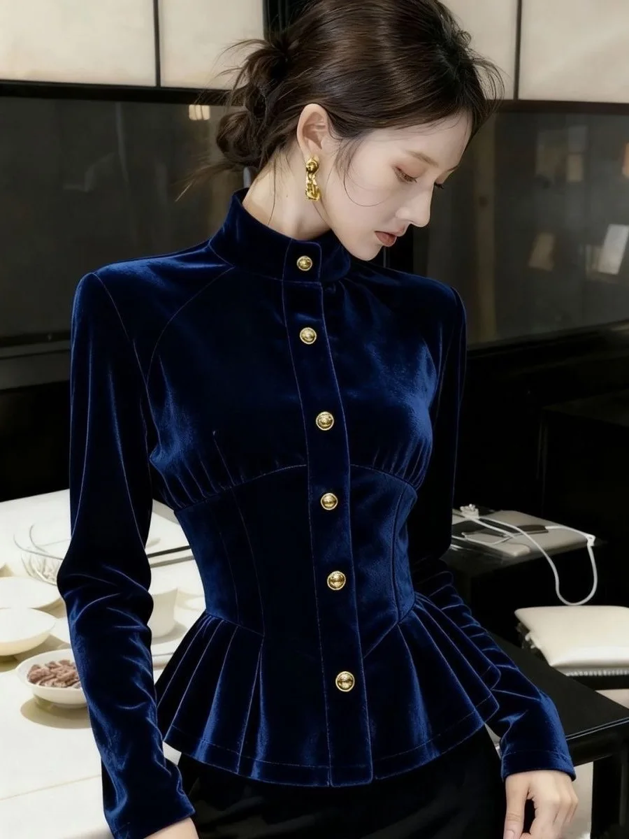 

Осень-зима, синий бархатный женский роскошный топ с утягивающей талией и цветочным принтом, облегающий длинный све irt