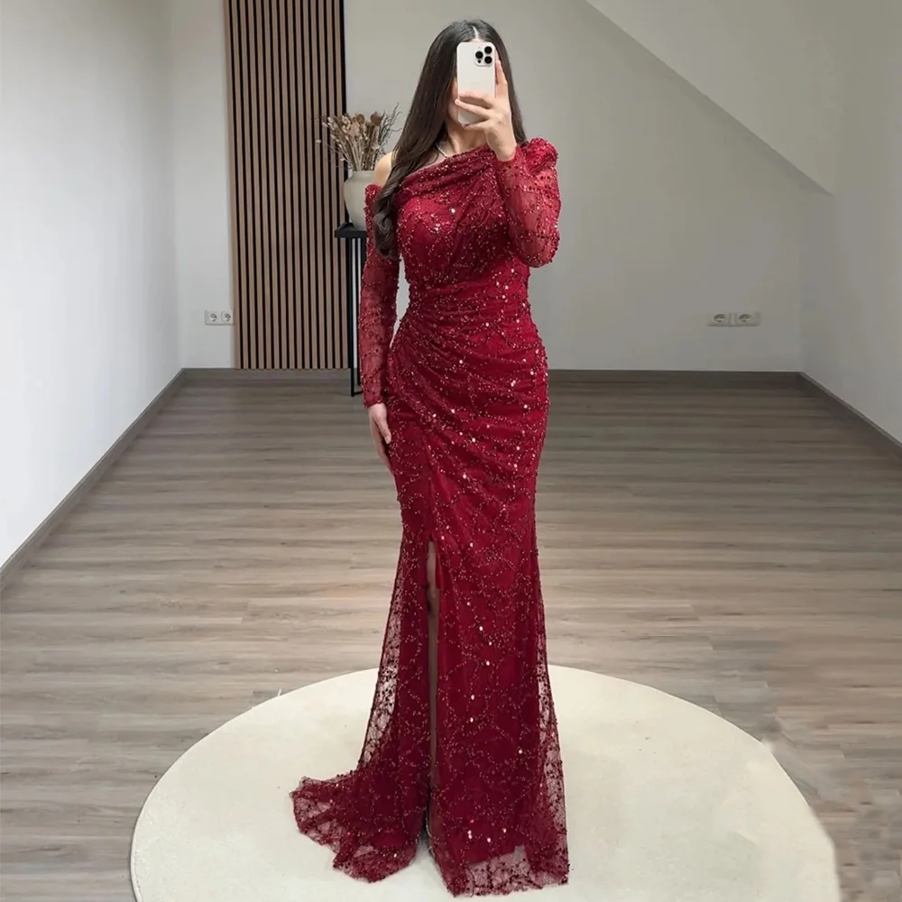 Sexy Mermaid Evening Dress Customized One Shoulder Long Sleeve Sequined Trumpet Prom Gown Split Dancing Party Dresses image 5