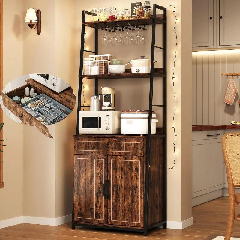

Bakers Rack with Cabinet 70.8" Microwave Stand Tall Bar Cabinet Industrial Kitchen Stand Rack with Drawer Large Microwave