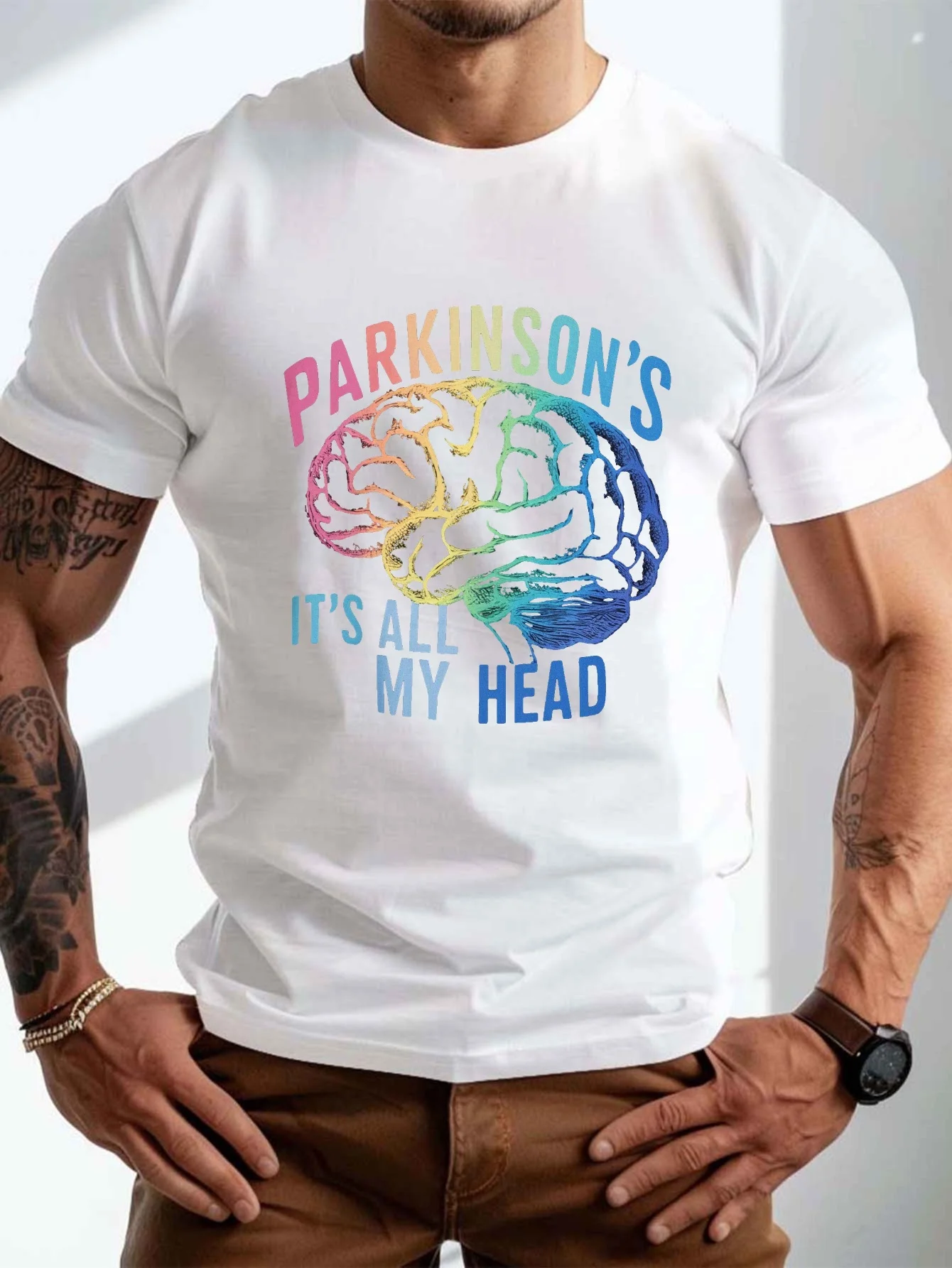 

Summer men's T-shirt, printed with a pattern. The words are "Parkinson is all in my head." Christmas T-shirt