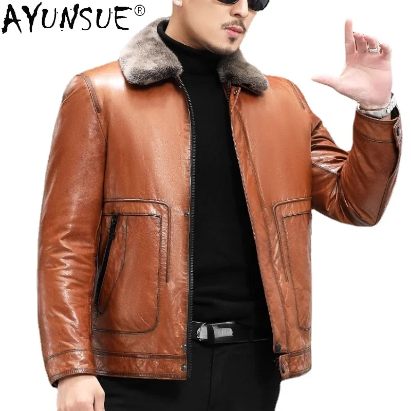 AYUNSUE 100% Goat Skin Coat Men Winter Warm Real Mink Fur Liner Jacket Leather Thick Streetwear Fahsion Men's Clothing WPY4425