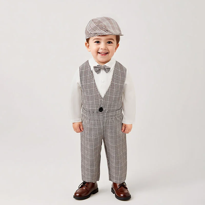 Baby Boy 3Pcs Gentleman Outfit Plaid Vest Pants Bow Tie Hat Set Long Sleeve Bodysuit Newborn Formal Suit