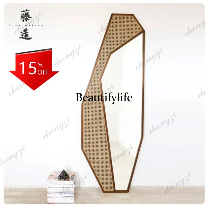 D80 Wabi-sabi rattan wall mirror bedroom full body floor rattan mirror fitting mirror