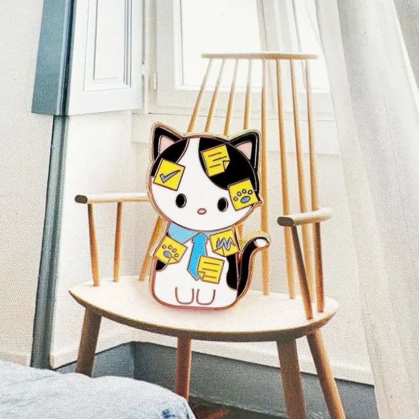 Distressed Kitten Cute Cartoon Pet Working Cat Sticky Situation Enamel Pin Note Employee Gift Badge Accessory