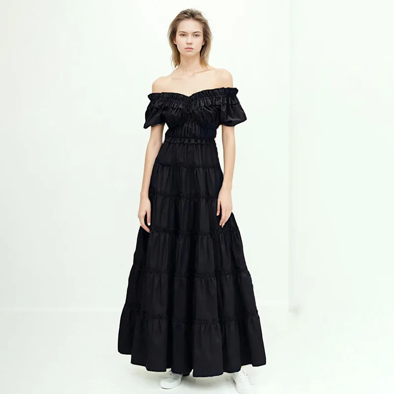 

French Elegant Style Off-Shoulder Waist-Cinching Slimming Long Dress 2025 New Pleated Design Ruffle Long Dress