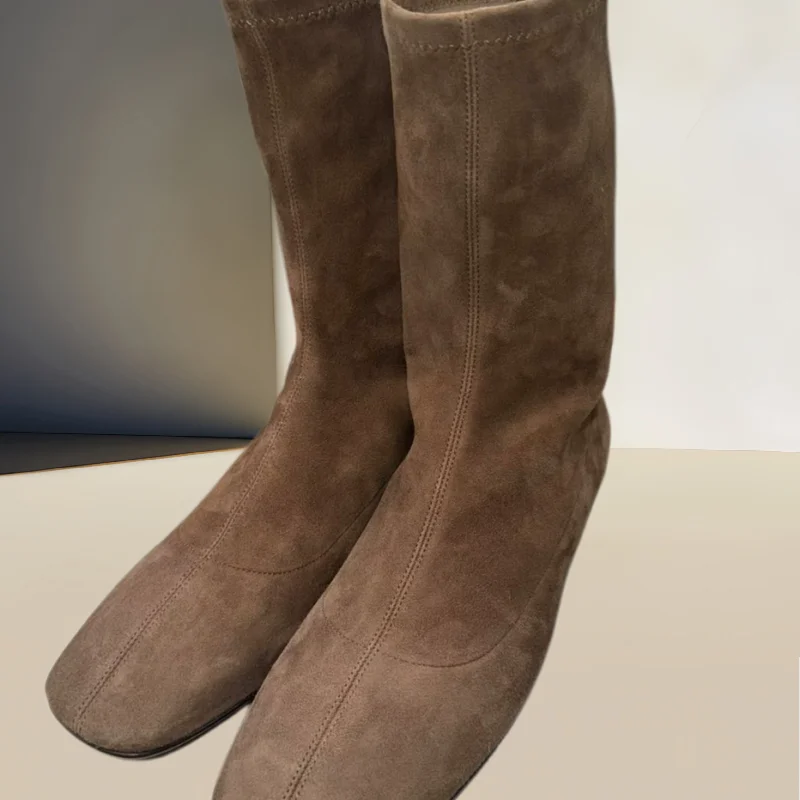 Sewing Lines Shoes for Womens Square Toes Flat Heels Pleated Female Short Boots Stitching Zapatos Mujer Suede Chassure Femme