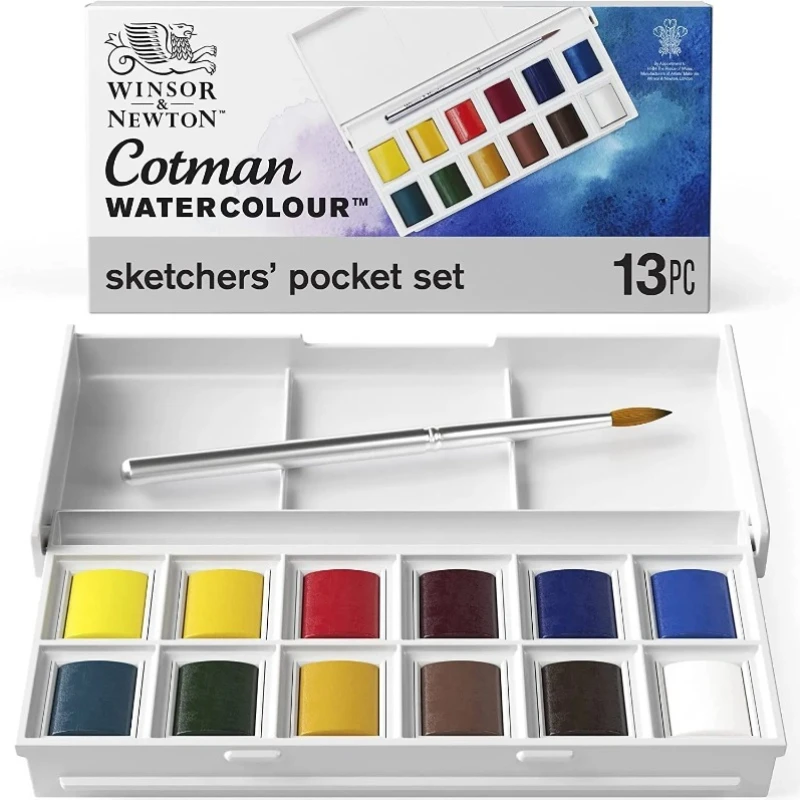 Winsor&Newton Cotman Portable Travel 12 Color Solid Watercolor Paint Sketchers' Half Pans Palette Watercolor Brush Acuarela