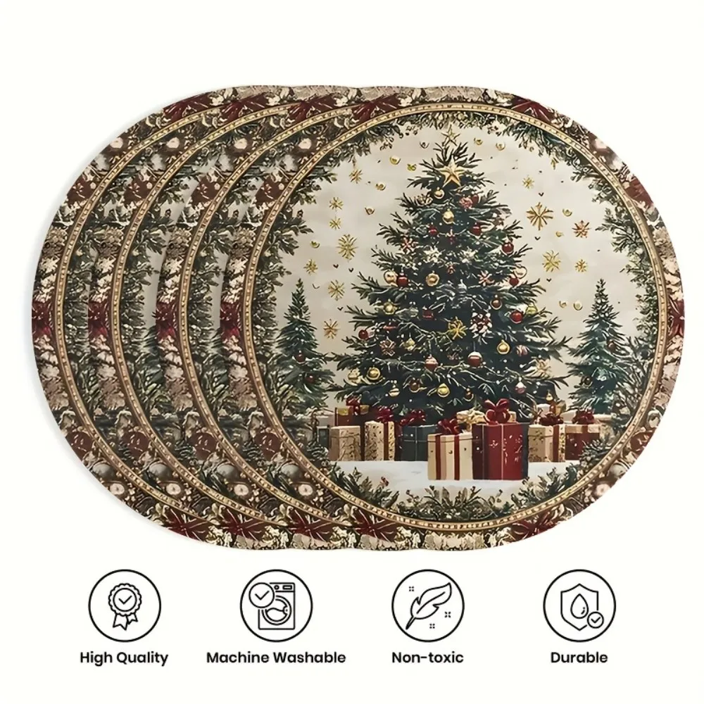 VIKAMA 4-Piece Christmas Coasters Set Round Placemats, Non-Slip Table Mats Perfect for Christmas Table, Kitchen, and Party Decor